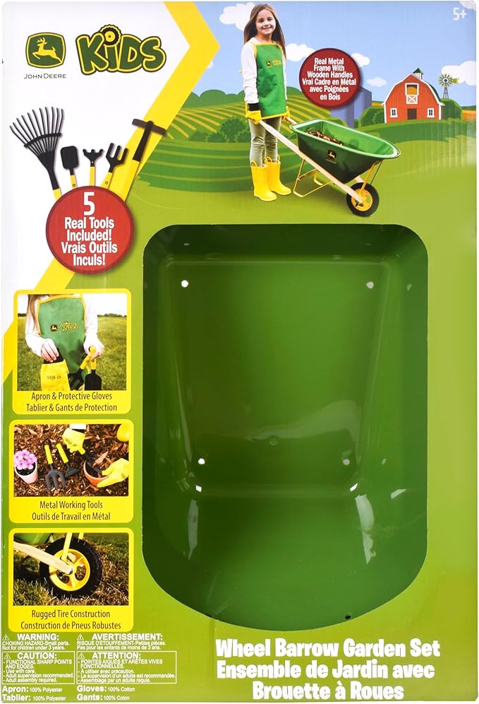 John Deere Deluxe 34" Wheelbarrow and Garden Set Includes 5 Realistic Gardening Tools,Gardening Apron, Gardening Gloves, Large Metal Wheelbarrow with Wooden Handles, Outdoor Toy Ages 5+-BubblyBeeBaby