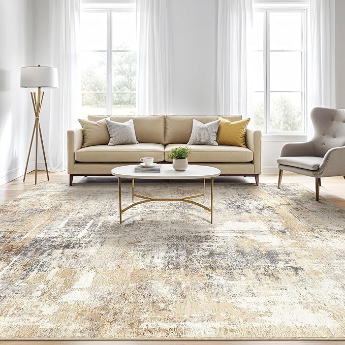 10x13 Area Rug Living Room: Washable Large Abstract Modern Soft Rugs Stain Resistant Indoor Floor Non-Slip Accent Carpet for Bedroom Nursery Playroom Dining Room Office Dorm Home House- Grey Gold-BubblyBeeBaby