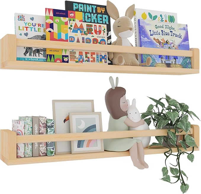 Heimlove 32 Inch Nursery Floating Shelves, Wood Nursery Book Shelves for Wall, Wall Bookshelf for Kids Solid Wood Wall Mounted Shelves for Books,Toys and Decor Storage, Set of 2-BubblyBeeBaby