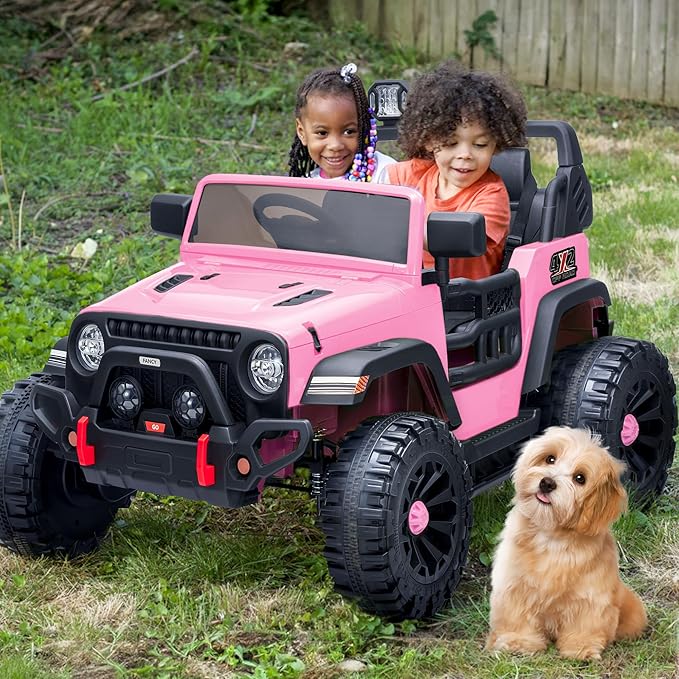 2 Seater Ride on Car Truck, 12V Kids Electric Ride on Toy for Big Kids Age 3-8 w/Remote Control- Light Pink-BubblyBeeBaby