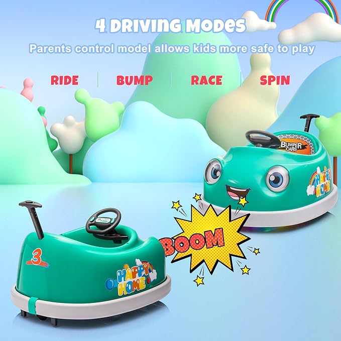 12V Dual Battery Electric Ride on Kids Bumper Car w/Remote Control,360 Degree Spin,Push Rod Rocker Horse Function,3-Speeds Babies & Toddlers Bumping Car Ride on Toy Gift for 1-4 Years Children（Green）-BubblyBeeBaby