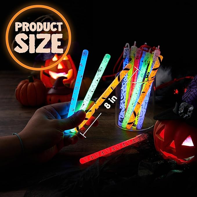 JOYIN 24 Pcs Halloween Glow Stick Hanging Wands in 8 Different Pattern Designs and 6 Colors for Kids Party Favors, Halloween Party Supplies, Glow in the Dark, Goodies Bags Fillers, Non Candy Treats-BubblyBeeBaby