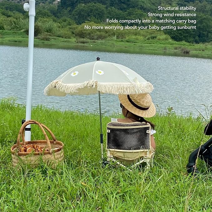 Baby Outdoor Parasols, Baby Stroller Parasol Umbrella with Adjustable Clamp, Toddler Parasol for Trolley Wheelchair Beach Chair, Outdoor Activities (Beige with-BubblyBeeBaby