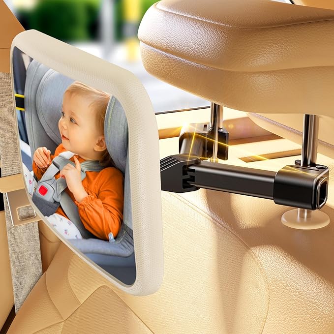 Baby Car Mirror for Baby Hook Clip Design Never Shake Baby Mirror for Car Seat Rear Facing Easy Install Crystal Clear View ShatterProof Crash Tested White-BubblyBeeBaby