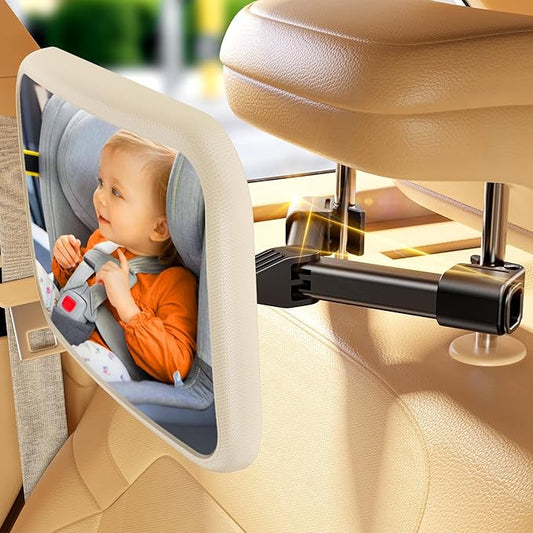 Baby Car Mirror for Baby Hook Clip Design Never Shake Baby Mirror for Car Seat Rear Facing Easy Install Crystal Clear View ShatterProof Crash Tested White-BubblyBeeBaby