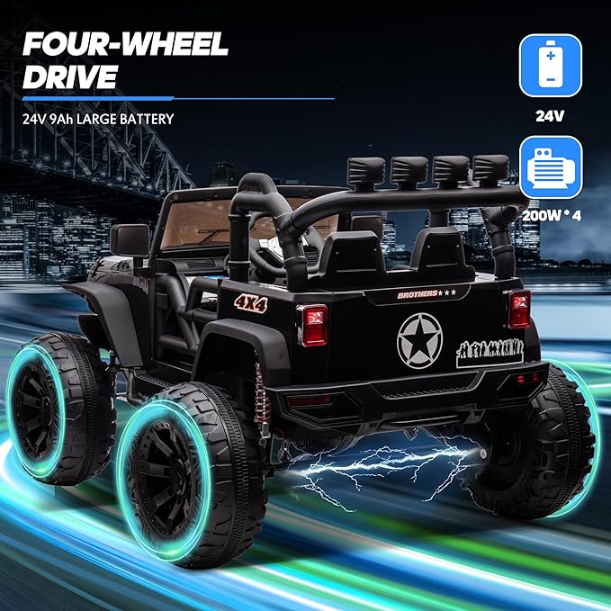24V 9Ah Ride on Toy for Big Kids, 4x4 2 Seater Ride on Car Truck w/Remote Control, 4x200W Motors - Black Warrior-BubblyBeeBaby