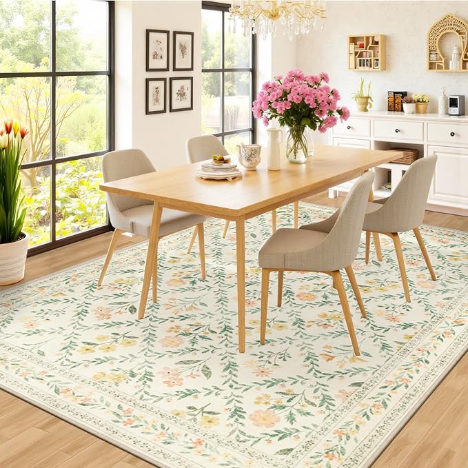 10x12 Area Rugs for Living Room: Floral Washable Rug Vintage Large Soft Boho Non-Slip Carpet Stain Resistant Low Pile Carpets for Bedroom Dining Room Farmhouse Nursery Hallway Home Office Beige/Multi-BubblyBeeBaby