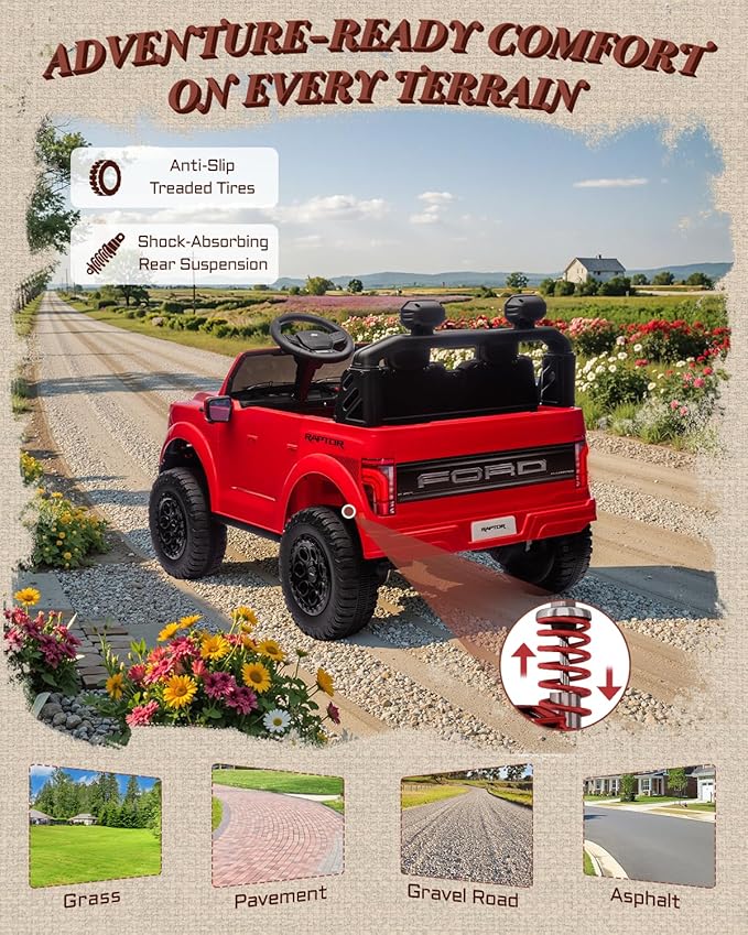 24V 2 Seater Ride on Toys for Kids, Licensed Ford F-150 Raptor Kids Electric Vehicles w/Remote Control, Power Pedal and Durable Wheels, LED Lights, Bluetooth, Truck Bed Storage (Red)-BubblyBeeBaby