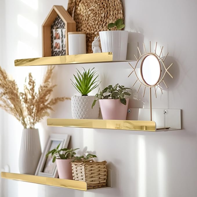 2 Pack 24 Inch Gold Reflective Acrylic Shelves, Gold Foating Shelves, Modern Sunglasses Essential Oil Picture Ledge Display Toy Storage Shelf-BubblyBeeBaby