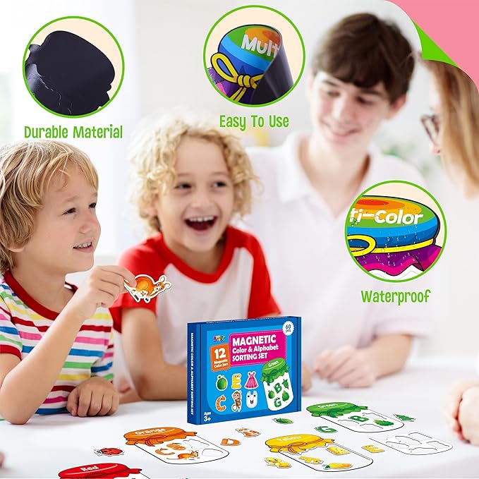 12 Pieces Magnetic Color Sorting Jars, 60 Color & Letter Magnets for Fridge Whiteboard, Early Educational Sorting Toy Set, Alphabet A-Z Learning Tool for Baby Toddlers Kids-BubblyBeeBaby