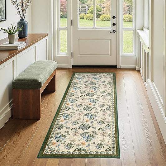 jinchan 2x5 Floral Runner Rug for Hallway Washable Kitchen Runner Vintage Romance Design Non Slip Thin Indoor Floor Cover Low-Profile Throw Carpet for Entryway Bathroom Bedroom Porch, Green/Beige-BubblyBeeBaby
