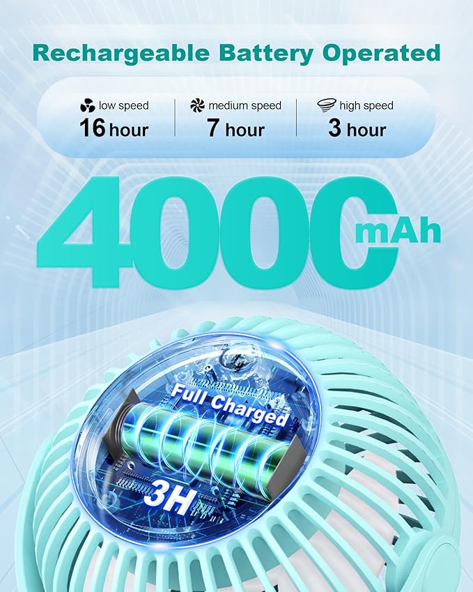 Stroller Fan Clip on for Baby, 4000mAh Rechargeable Battery Operated, Flexible Tripod, 3 Wind Speed, 360° Rotatable, Small Cooling Portable Fan for Car Seat Crib Bike Travel Beach, Blue-BubblyBeeBaby