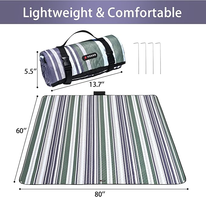 HX&OD Outdoor Picnic Blanket Extra Large, 80''*60'' Waterproof Picnic Mat with Stakes Foldable Camping Blanket Portable with Carry Strap for Beach Mat (Green& White, 80''*60'')-BubblyBeeBaby