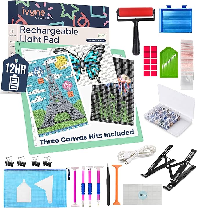 iVyne Rechargeable A4 Light Pad for Diamond Painting & Art Projects – LED Light Board with Diamond Art Accessories – Ultra-Thin & Portable Diamond Dot Light Board, Perfect for Artists - Green-BubblyBeeBaby