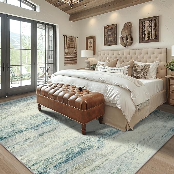 10x14 Area Rugs for Living Room: Soft Abstract Large Area Rug Non-Shedding Anti-Skid Stain Resistant Indoor Floor Modern Washable Rugs for Bedroom Dining Room Nursery Farmhouse Home Office-Blue/Gray-BubblyBeeBaby