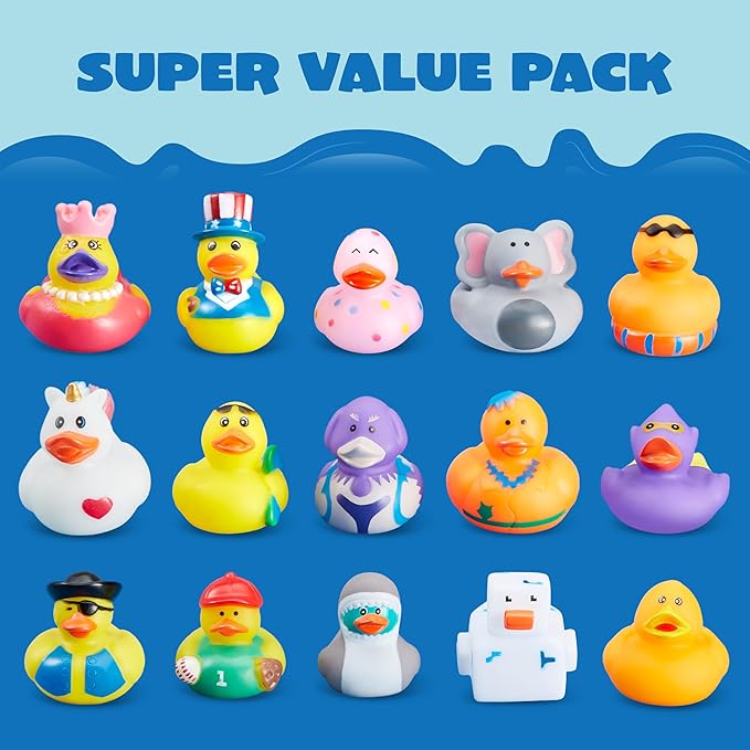 JOYIN 60 Pcs Rubber Ducks, Random Assortment Ducks Bulk with Mesh Carry Bag, Mini Rubber Duckies for Baby Bath Toys, Kids Toddler Summer Pool Toys Birthday Gifts Party Favors-BubblyBeeBaby