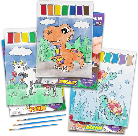 Imagination Works® Paint with Water Books for Kids, 3 Pack | Watercolor Coloring Book Set for Toddler Activities | Spillproof Kids Paint Palettes on Each Page | Travel Toys | Dinosaurs, Farm & Sea-BubblyBeeBaby