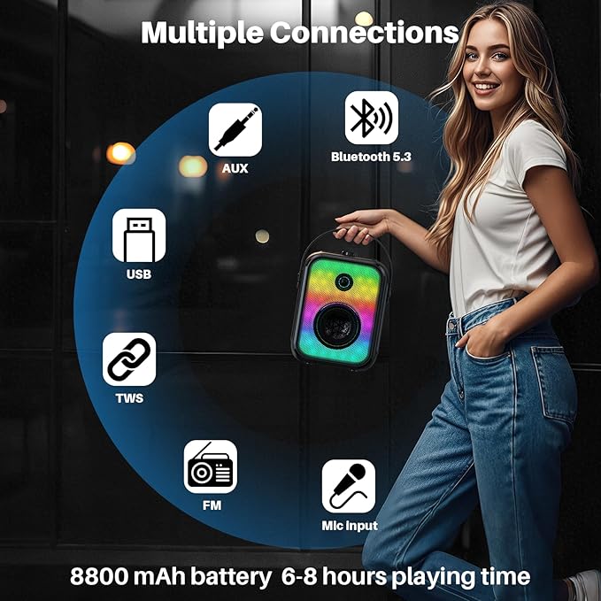 Karaoke Machine, Portable Bluetooth Speaker with 2 Wireless Karaoke Microphones, Karaoke Machine for Adults Kids with Subwoofer, LED Light Support TWS/FM/USB/AUX for Home Party Outdoor-BubblyBeeBaby