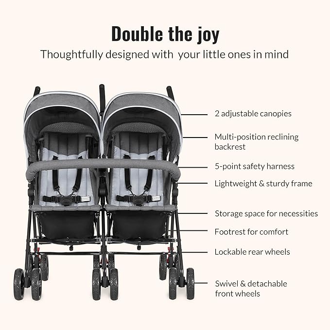 Dream On Me Volgo Twin Umbrella Stroller in Gray, Lightweight Double Stroller for Infant & Toddler, Compact Easy Fold, Large Storage Basket, Large and Adjustable Canopy-BubblyBeeBaby