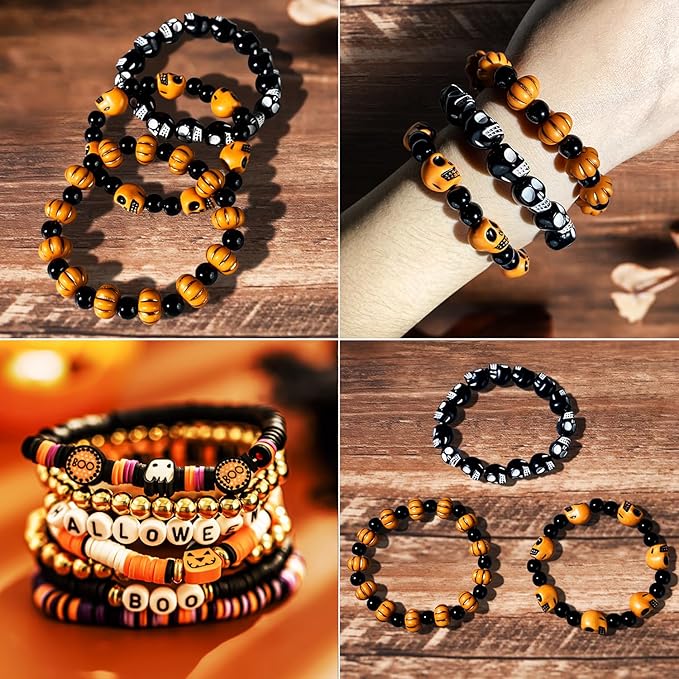 2088pcs Halloween Polymer Clay Beads Bracelet Making kit, 24 Style Cute Fun Beads Skull Pumpkin Beads Charms for Jewelry Necklace Earring Making DIY Accessories for Women Girls-BubblyBeeBaby