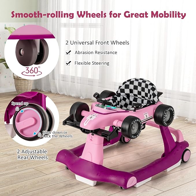 HONEY JOY 4-in-1 Baby Walker, Activity Push Walker w/3 Adjustable Heights, Smooth Wheels w/Adjustable Speed, Padded Seat, Music & Light, Foldable Car Walker for Baby Boys Girls Age 6 Months+ (Purple)-BubblyBeeBaby