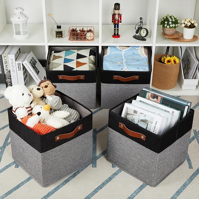 HNZIGE Cube Storage Baskets,Fabric Storage Cubes 12 x 12, Set of 4,Decorative Storage Baskets for Organizing with Handles,Closet Bins for Shelf Organizer Home Toy Nursery Closet(Black Gray)-BubblyBeeBaby