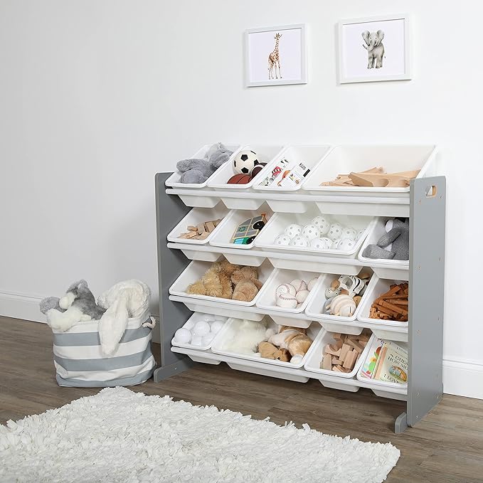Humble Crew Supersized Toy Storage Organizer with 16 Removable Bins, Grey/White – Large Toy Storage for Toddlers Ideal for Kids' Rooms, Playrooms, and Nurseries - Modern Toy Bins for Kids-BubblyBeeBaby
