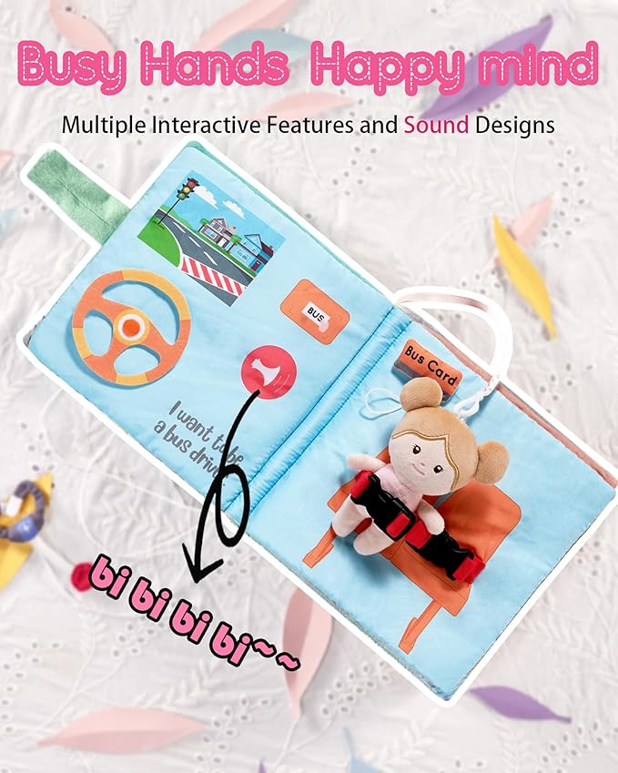 Interactive Sensory Soft Cloth Book, Educational Crinkle Quiet Activity Busy Book for Babies,Toddler Travel Toy Gift for Boys and Girls (I Want to Be)-BubblyBeeBaby