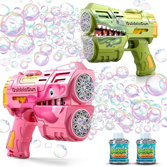 Jasny 2 Pack Rechargeable Dino Bubble Guns for Kids, LED Light Up Bubbles Machine Blower with 2 Bottles Refill Solution for Toddlers, Summer Wedding Toys Gift-BubblyBeeBaby