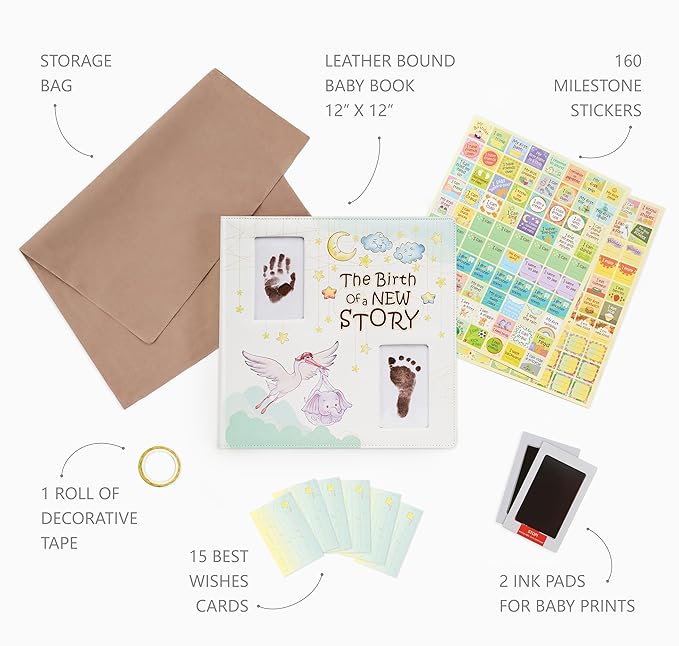 Keepsake Baby Memory Book Girl Boy – Timeless Leather-Bound Baby Milestone Book – Baby Book Keepsake Record First 5 Years – Gender Neutral Baby Scrapbook Album, Baby Album Journal Registry Search Gift-BubblyBeeBaby