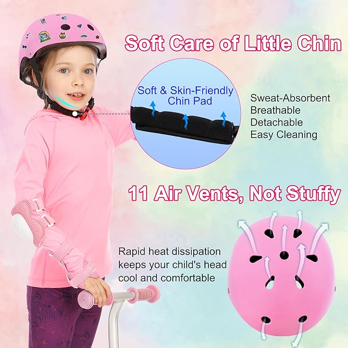 Kids Bike Helmet with DIY Stickers and Knee Pads Elbow Pads Wrist Guard Set for Ages 3-8-14 Toddler Boys Girls Helmet for Roller Skates Cycling Skateboarding Bicycle Scooter-BubblyBeeBaby