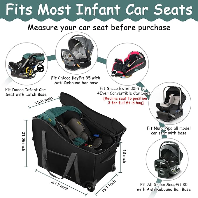 Infant Car Seat Travel Bag Fit Doona Car Seat Stroller and Base, Chicco Keyfit 35 and Base, Doona Travel Bag with Wheels, Padded Car Seat Bags for Air Travel, Nuna Travel Bag with Zipper Pocket-BubblyBeeBaby