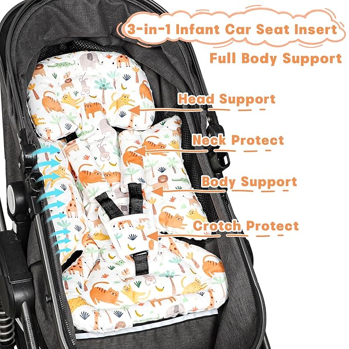 Infant Car Seat Insert, Soft Baby Car Seat Head & Body Support for Girl Boy, Reversible Newborn Preemie Carseat Insert Cushion with 3 Straps Pads Fits CarSeat, Stroller, Swing, Bouncer, Animals-BubblyBeeBaby