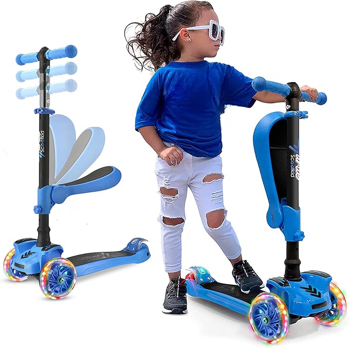 Hurtle 3-Wheeled Scooter for Kids - Wheel LED Lights, Adjustable Lean-to-Steer Handlebar, and Foldable Seat - Sit or Stand Ride with Brake for Boys and Girls Ages 1-14 Years Old-BubblyBeeBaby