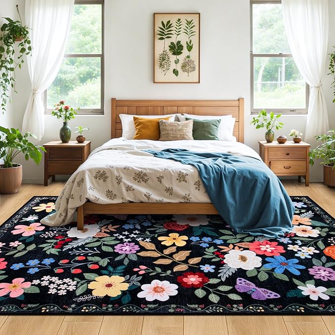 10x14 Area Rugs for Living Room: Floral Washable Rug Vintage Large Soft Boho Non-Slip Carpet Stain Resistant Low Pile Carpets for Bedroom Dining Room Farmhouse Nursery Hallway Home Office Black-BubblyBeeBaby