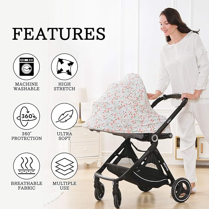 Stretchy Baby Car Seat Covers for Newborns, Infant Car Canopy Extra Soft and Stretchy Nursing Covers for Moms (Flowers)-BubblyBeeBaby