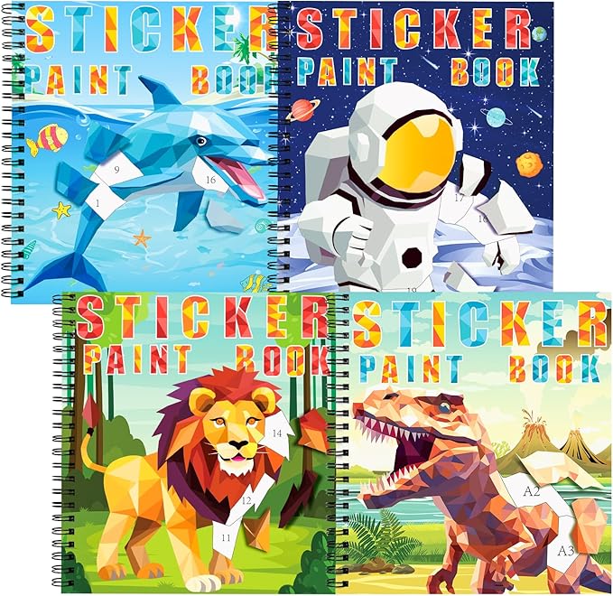 homicozy 4PCS Sticker Paint Books for Kids Ages 4-10,Dinosaur Astronaut Ocean Animals Designs Paint by Stickers,Sticker by Numbers,Party Birthday Gifts for Boys 4-10,Create 40 Pictures at a Time-BubblyBeeBaby