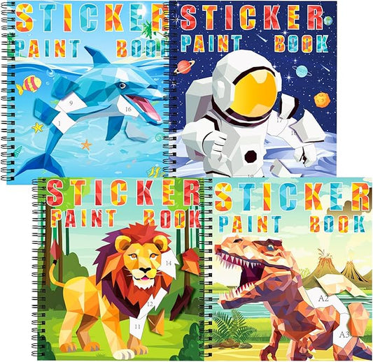 homicozy 4PCS Sticker Paint Books for Kids Ages 4-10,Dinosaur Astronaut Ocean Animals Designs Paint by Stickers,Sticker by Numbers,Party Birthday Gifts for Boys 4-10,Create 40 Pictures at a Time-BubblyBeeBaby