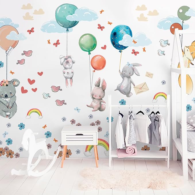 Hot Air Balloon Wall Decals by Lipastick - Peel and Stick Animal Stickers Raccoon, Fox, Koala, Panda for Kids Room, Nursery, Playroom, Bedroom - Removable Wall Decor for Boys, Girls, Babies - XXL Size-BubblyBeeBaby