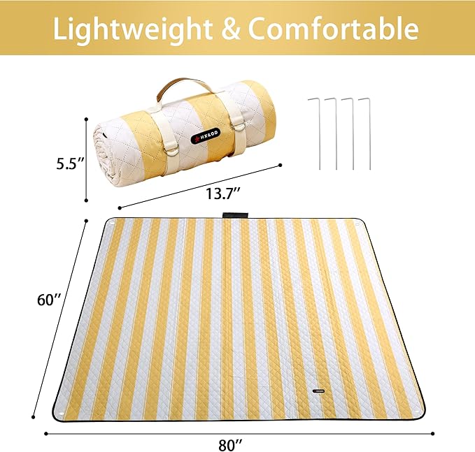 HX&OD Outdoor Picnic Blanket Extra Large, 80''*60'' Waterproof Picnic Mat with Stakes Foldable Camping Blanket Portable with Carry Strap for Beach Mat (Green& White, 80''*60'')-BubblyBeeBaby
