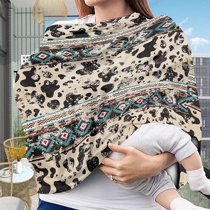 Binienty Aztec Cow Print Nursing Cover for Newborns Girls Boys, Stretchy Breathable Baby Car Seat Covers Infants Canopies-BubblyBeeBaby