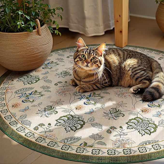 jinchan 6ft Floral Round Rug for Dining Room Washable Living Room Rug Vintage Romance Design Non Slip Indoor Floor Cover Lightweight Low-Profile Throw Carpet for Bedroom Porch Patio, Green/Beige-BubblyBeeBaby