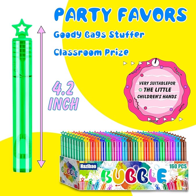 160 PCS Mini Star Bubble Wands for Kids, 10 Colors Bulk Bubble Wand with Star Top, Perfect for Party Favors, Wedding, Birthday, Carnival, Summer Outdoor Toys,Goody Bags Stuffer,Prize-BubblyBeeBaby