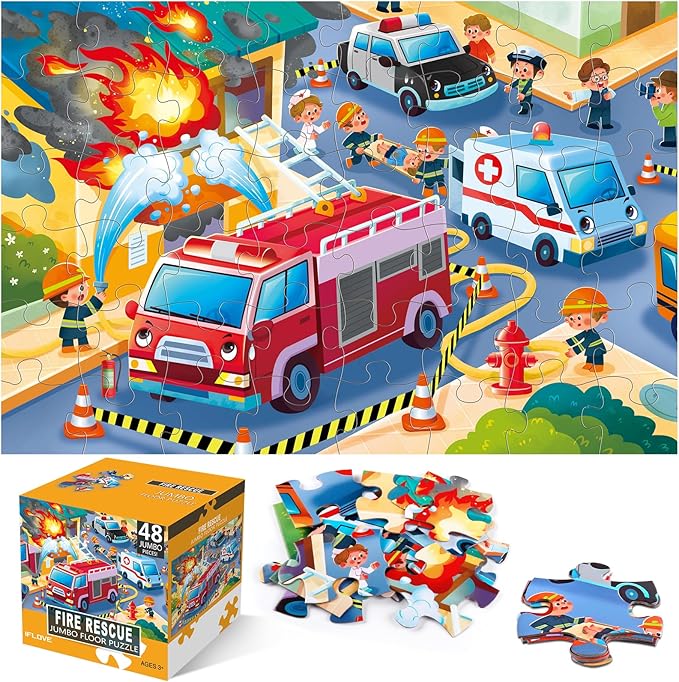 Jumbo Floor Puzzle for Kids,Fire Rescue Jigsaw Large Puzzles,48 Piece Firefighter Fireman Fire Truck Puzzle for Toddler Ages 3-5,Children Learning Preschool Educational Toys,Gift for 4-8 Years Old-BubblyBeeBaby