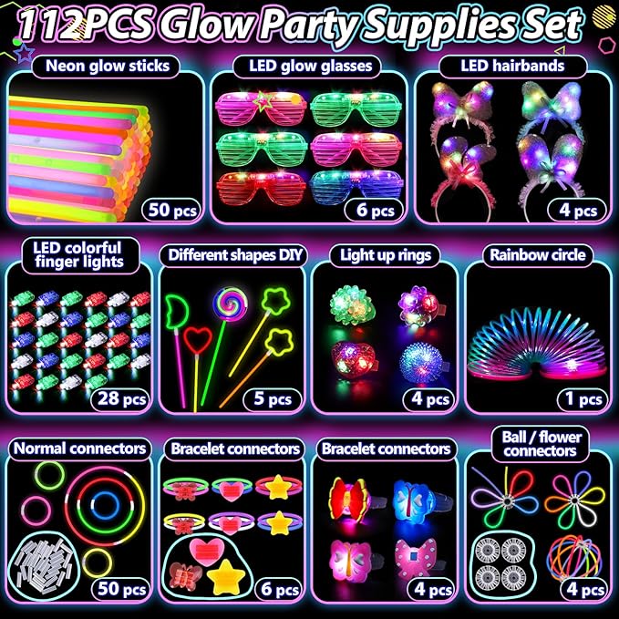 112PCS Glow in the Dark Party Supplies for Kids Adults, Light Up Party Favors with Light Up Glasses, 50 Glow Sticks Bulk Pack for DIY Bracelets Necklaces, Neon Party Supplie Decorations for Hallowee-BubblyBeeBaby