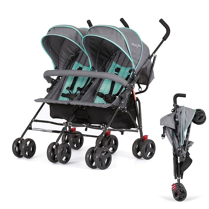 Dream On Me Volgo Twin Umbrella Stroller in Mint, Lightweight Double Stroller for Infant & Toddler, Compact Easy Fold, Large Storage Basket, Large and Adjustable Canopy-BubblyBeeBaby