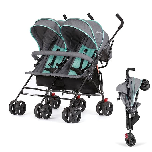 Dream On Me Volgo Twin Umbrella Stroller in Mint, Lightweight Double Stroller for Infant & Toddler, Compact Easy Fold, Large Storage Basket, Large and Adjustable Canopy-BubblyBeeBaby