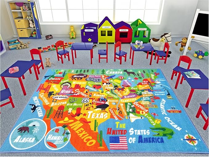 KC Cubs 8x10 USA United States Map Toy Car Road Rug – Educational Play Mat Carpet for Kids, Toddlers, Nursery, Classroom, Playroom, Baby Daycare-BubblyBeeBaby