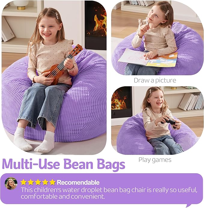 Homguava 2FT Bean Bag Chair,Teardrop Bean Bags Small Beanbag Chair with Memory Foam Filled and Ultra Soft Corduroy Cover for Living Room, Bedroom (Small,Purple)-BubblyBeeBaby
