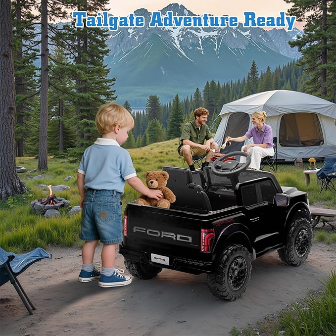 12V Ride on Car Licensed Ford F-150 Raptor, Kids Electric Car with Remote Control, LED Light/Music/MP3, Truck Bed Storage, 3-Point Seat Belt (12V, Black)-BubblyBeeBaby